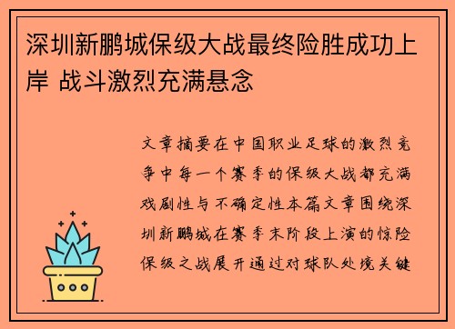 深圳新鹏城保级大战最终险胜成功上岸 战斗激烈充满悬念