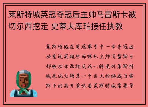莱斯特城英冠夺冠后主帅马雷斯卡被切尔西挖走 史蒂夫库珀接任执教