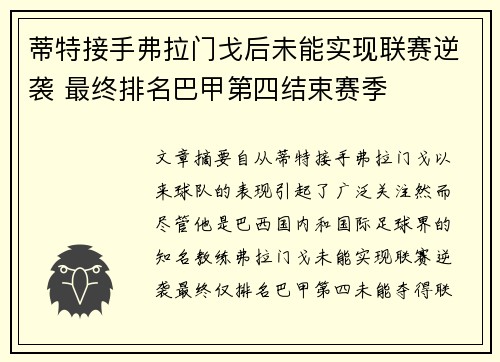 蒂特接手弗拉门戈后未能实现联赛逆袭 最终排名巴甲第四结束赛季