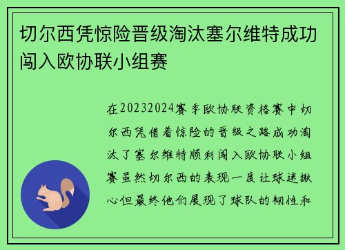切尔西凭惊险晋级淘汰塞尔维特成功闯入欧协联小组赛